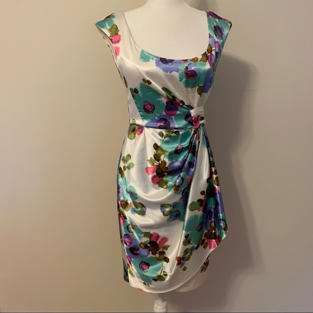 Maggy London multi colored ruched floral dress